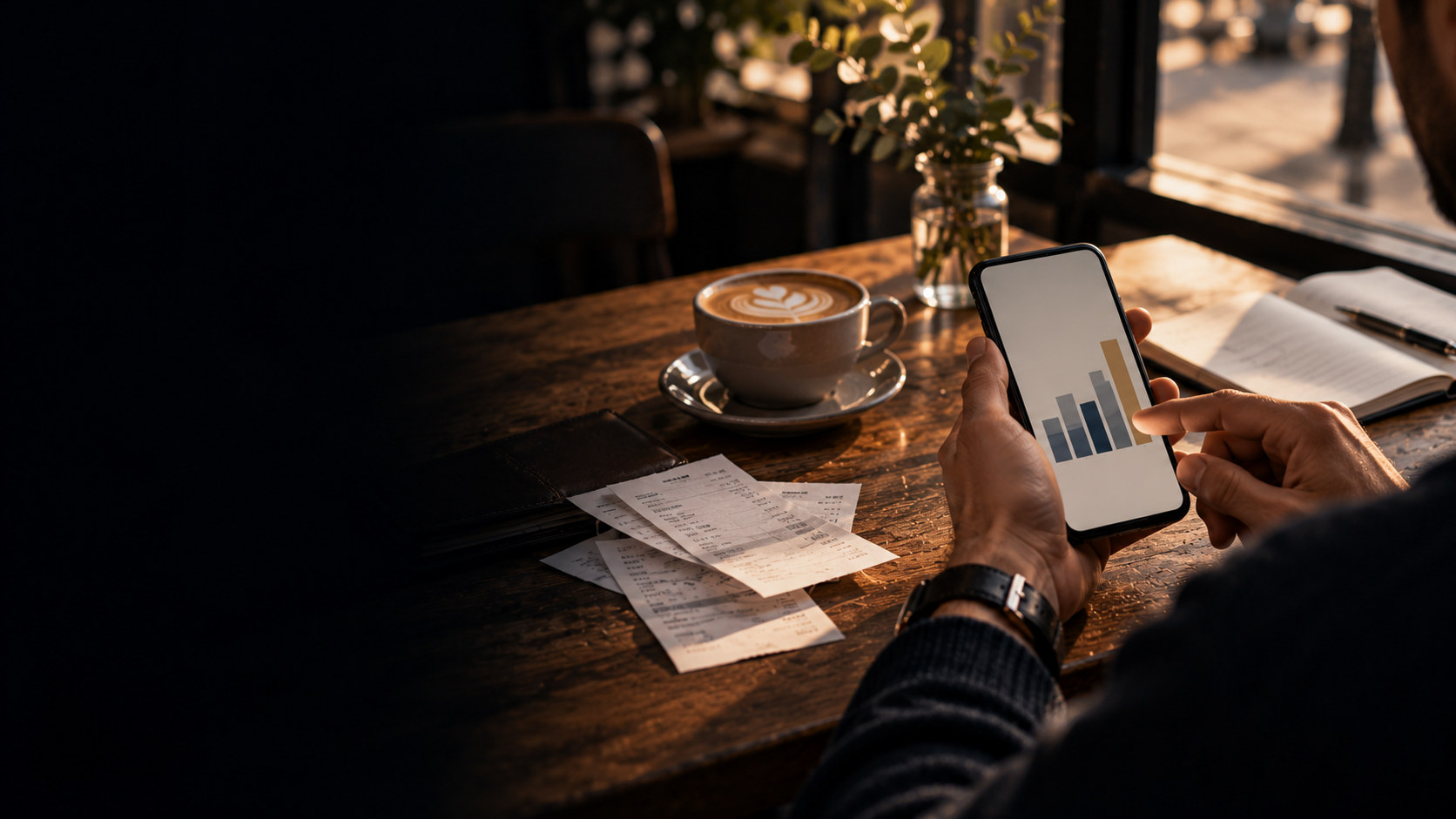 A phone showing a simple chart, with receipts on a café table