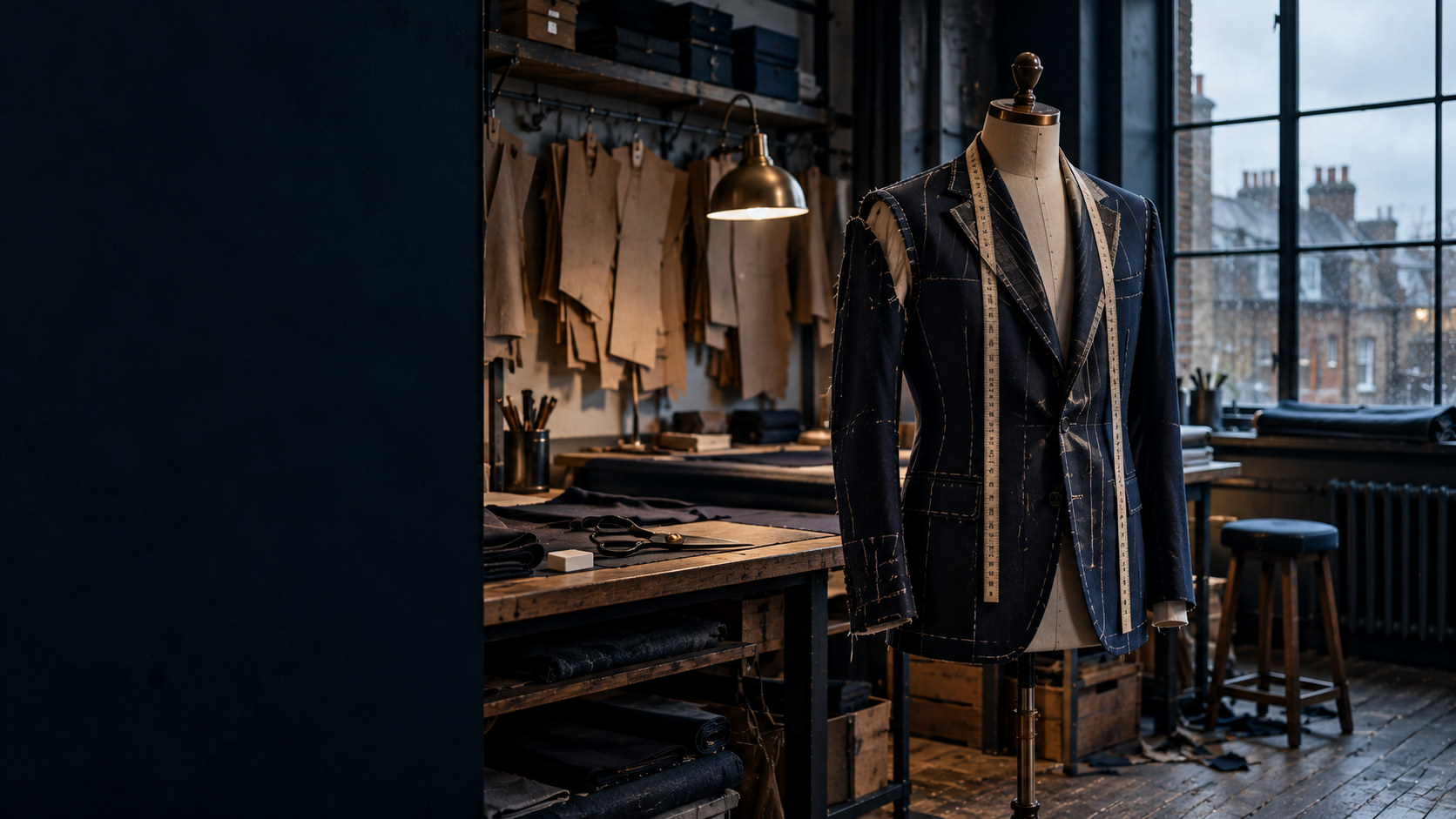 A tailor's cutting room: a jacket chalked and measured on the stand