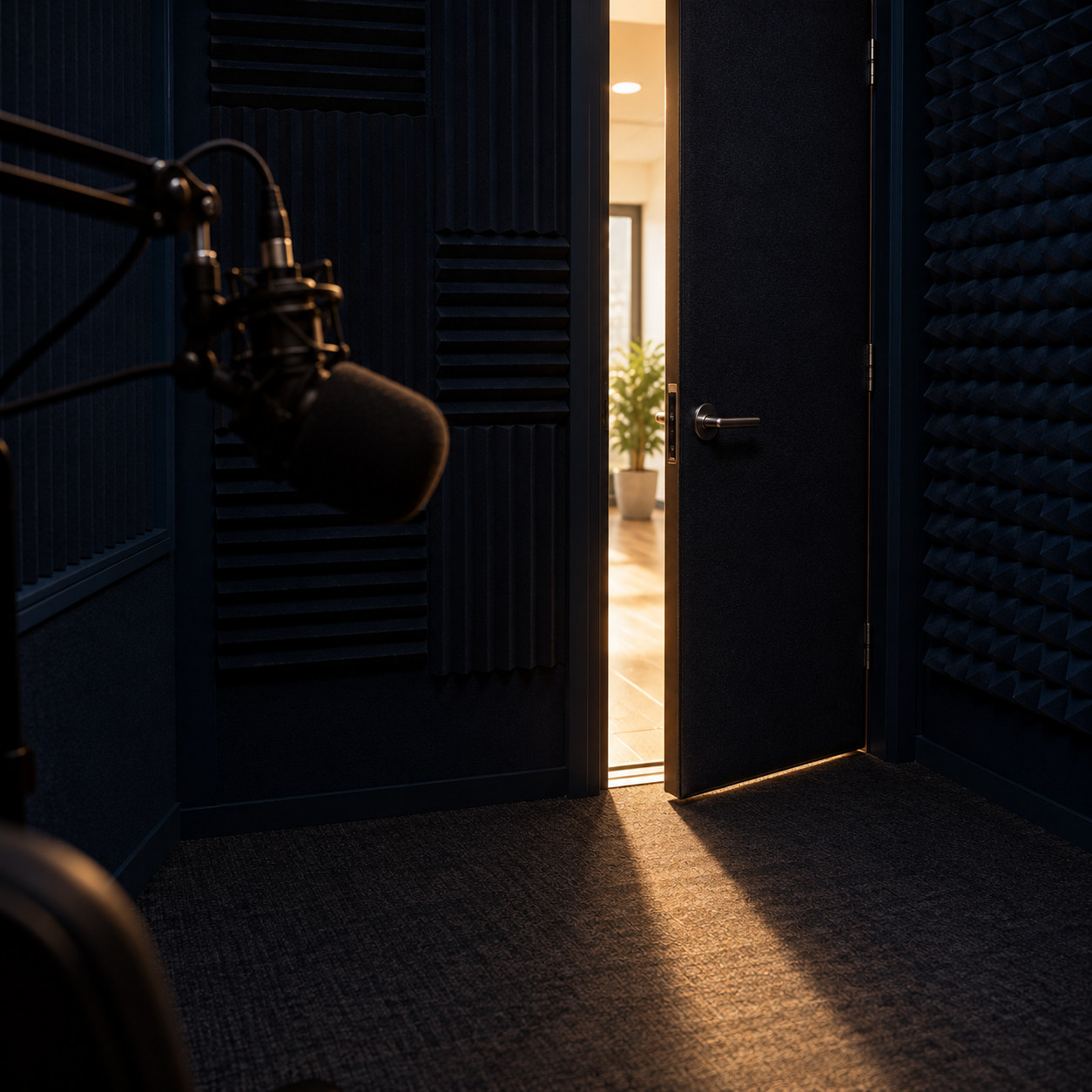 Show artwork: a recording booth with daylight through the open door