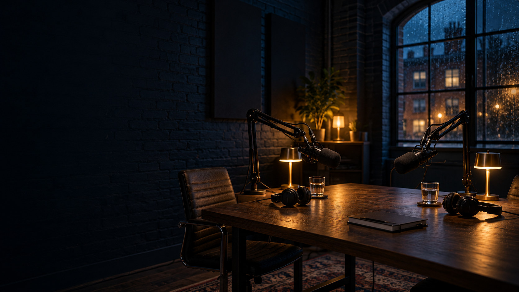 A podcast studio at night: two microphones, lamps and rain on the window