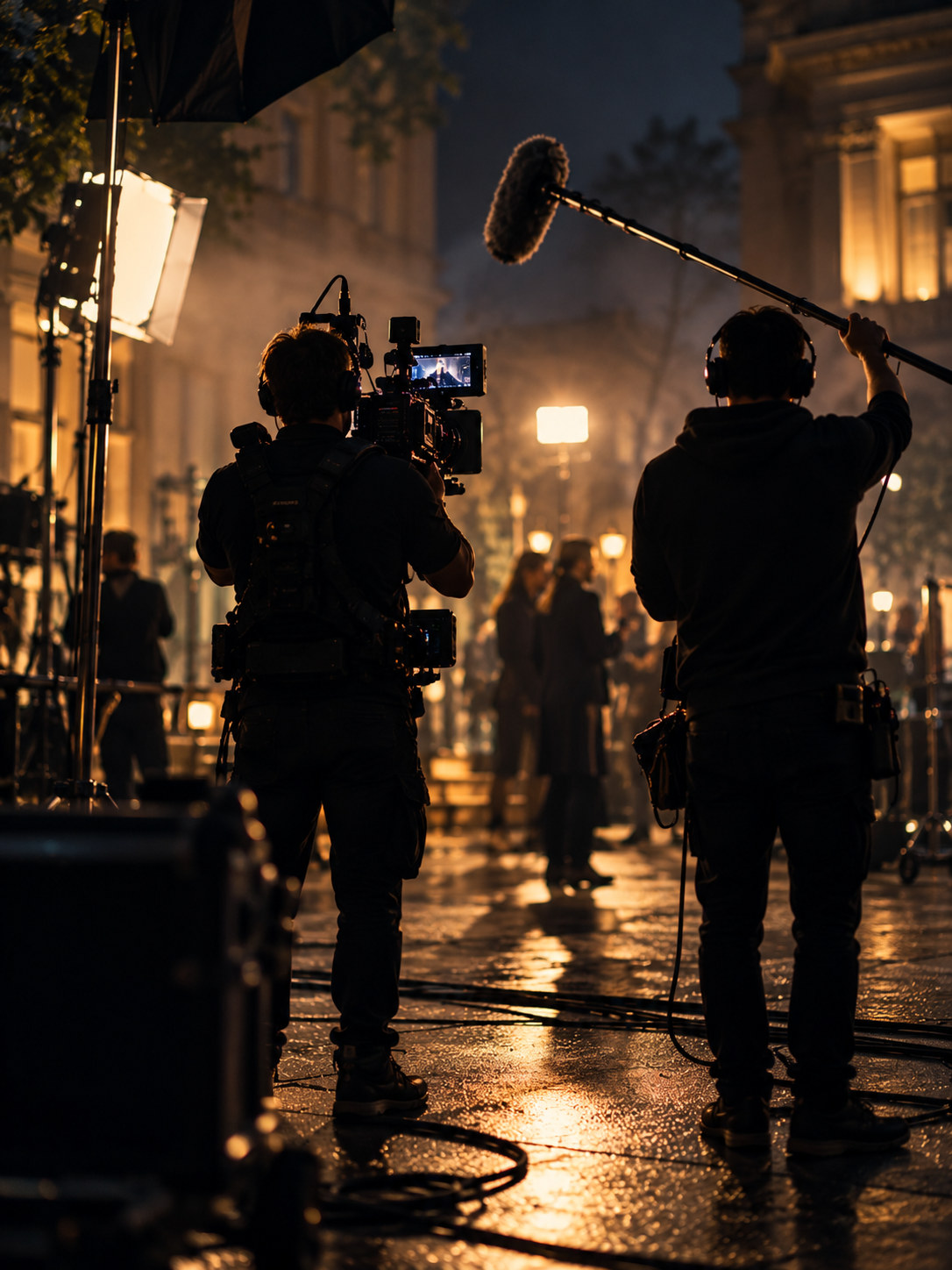 A film crew on location at night
